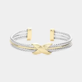 14K Gold Plated Two Tone Crisscross Cuff Bracelet-M H W ACCESSORIES