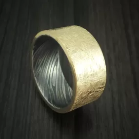 14K Yellow Gold Distressed Band with Kuro Damascus Steel Sleeve Custom Made Men's Ring