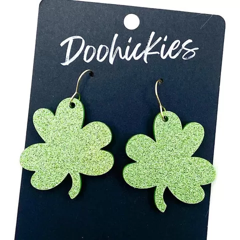 1.5 Hand Drawn Shamrocks St. Paddy's Earrings - Light Green Glitter