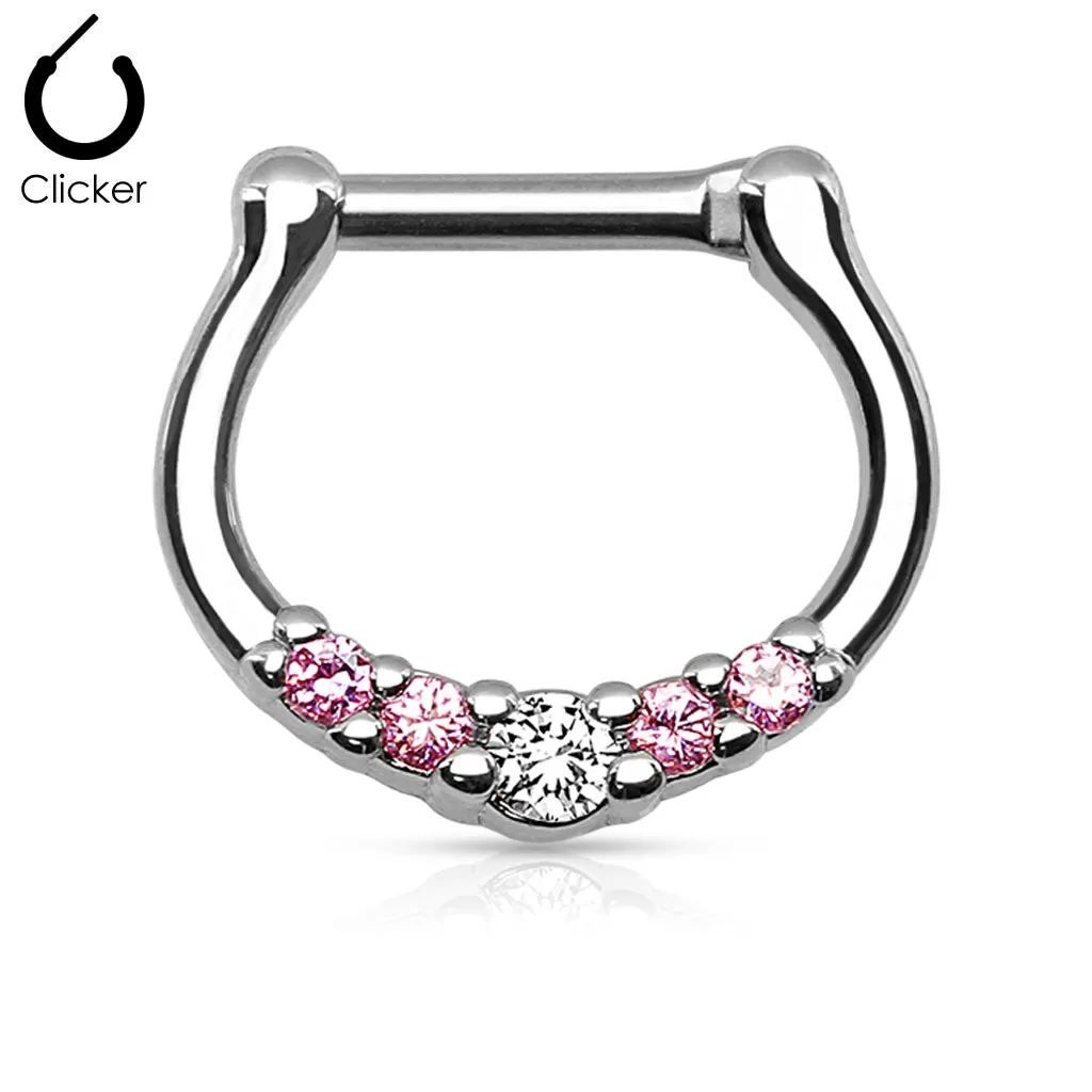 316L Surgical Steel with Pink C.Z Septum Clicker Ring