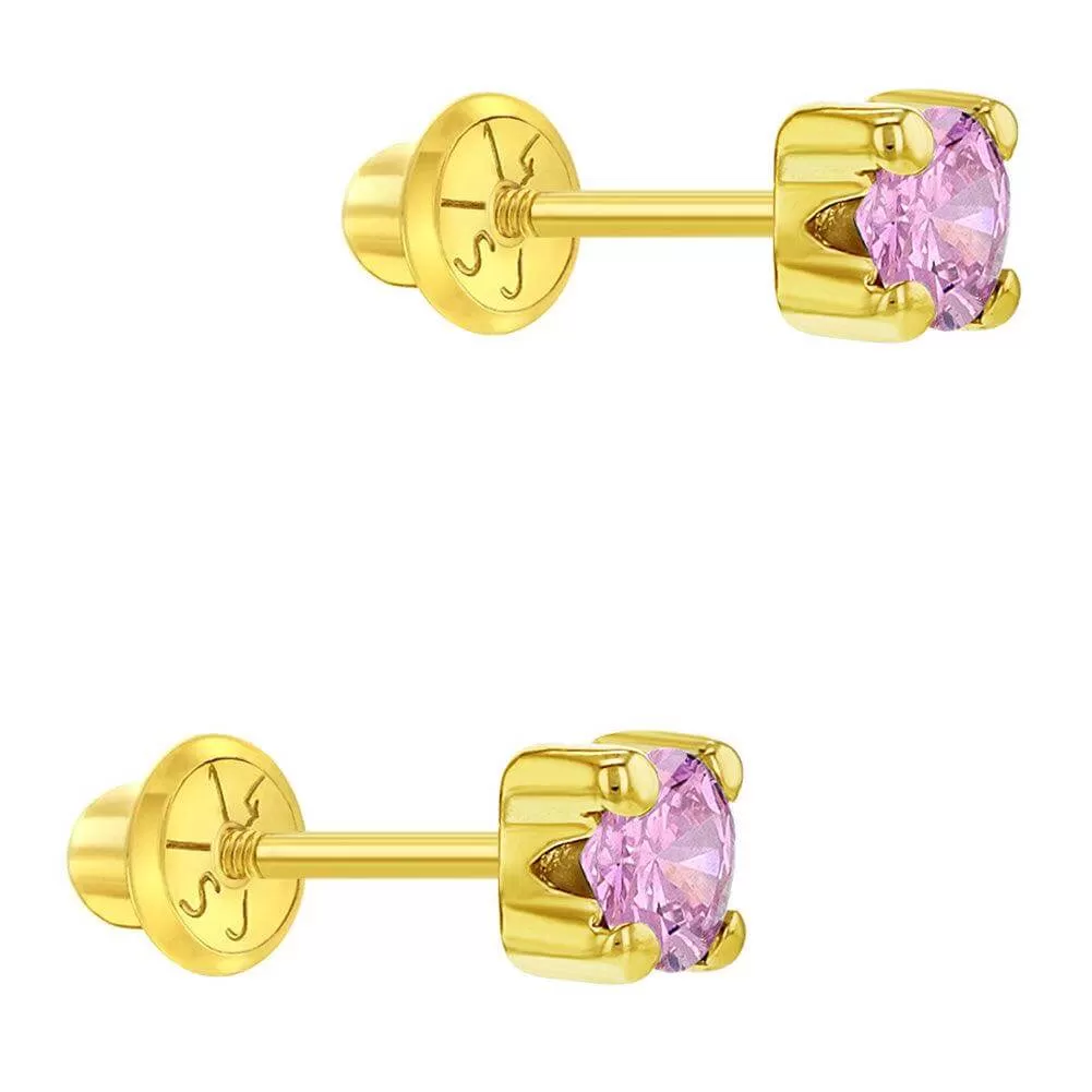 4 Prong CZ Solitaire 2-3mm 14k Yellow Gold Plated Baby Children Screw Back Earrings