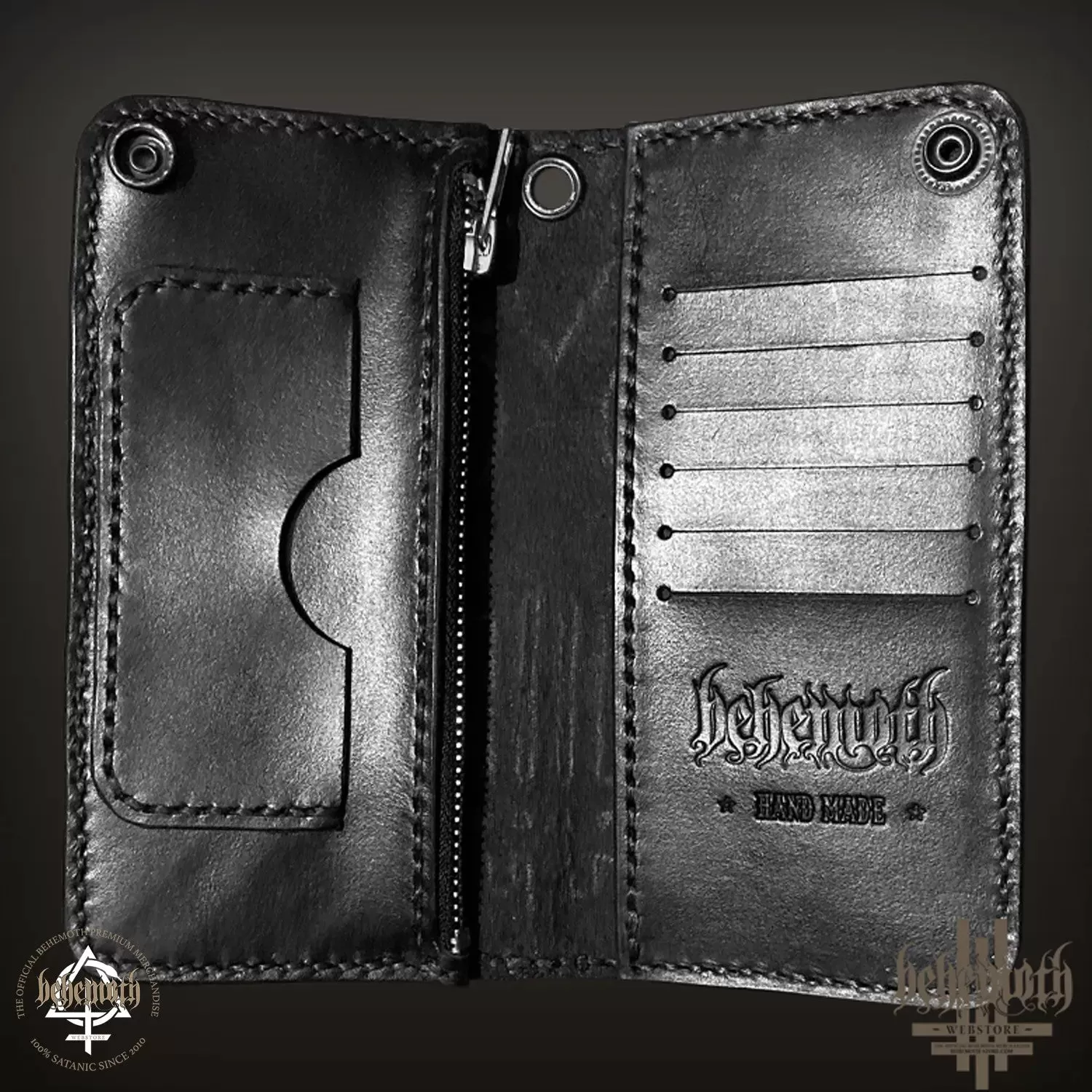 A black leather Behemoth 'New Aeon Musick' wallet