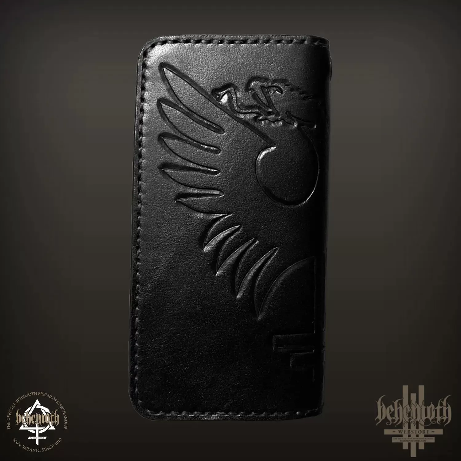 A black leather Behemoth 'New Aeon Musick' wallet