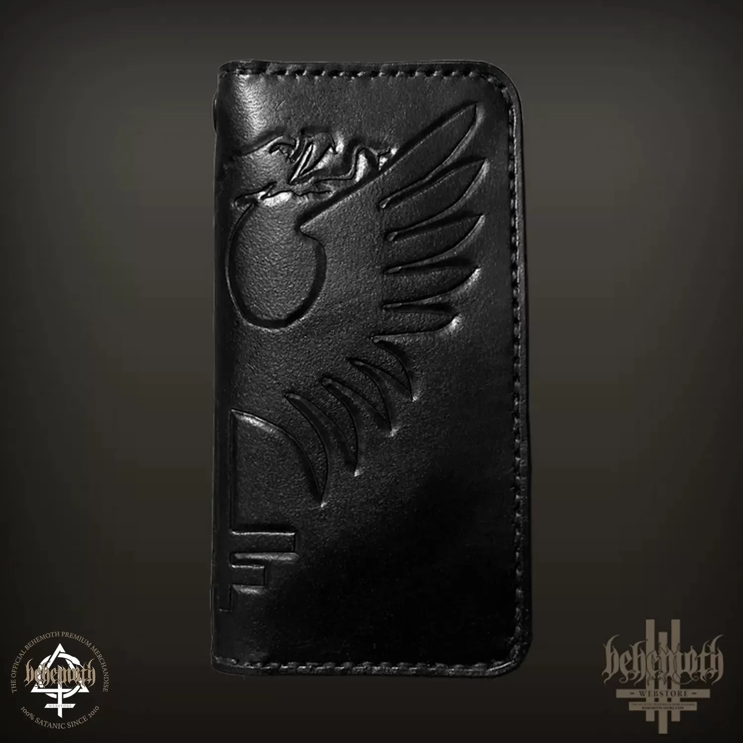 A black leather Behemoth 'New Aeon Musick' wallet