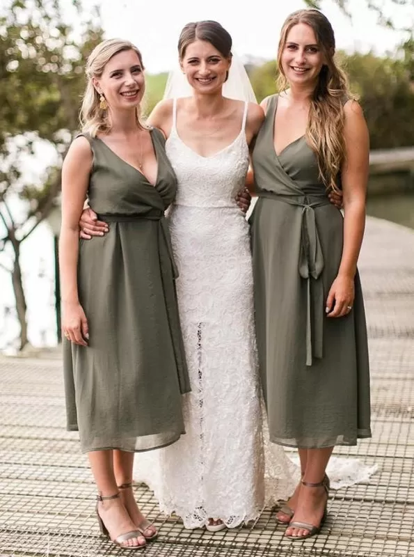 A-Line V-Neck Tea-Length Green Chiffon Bridesmaid Dress