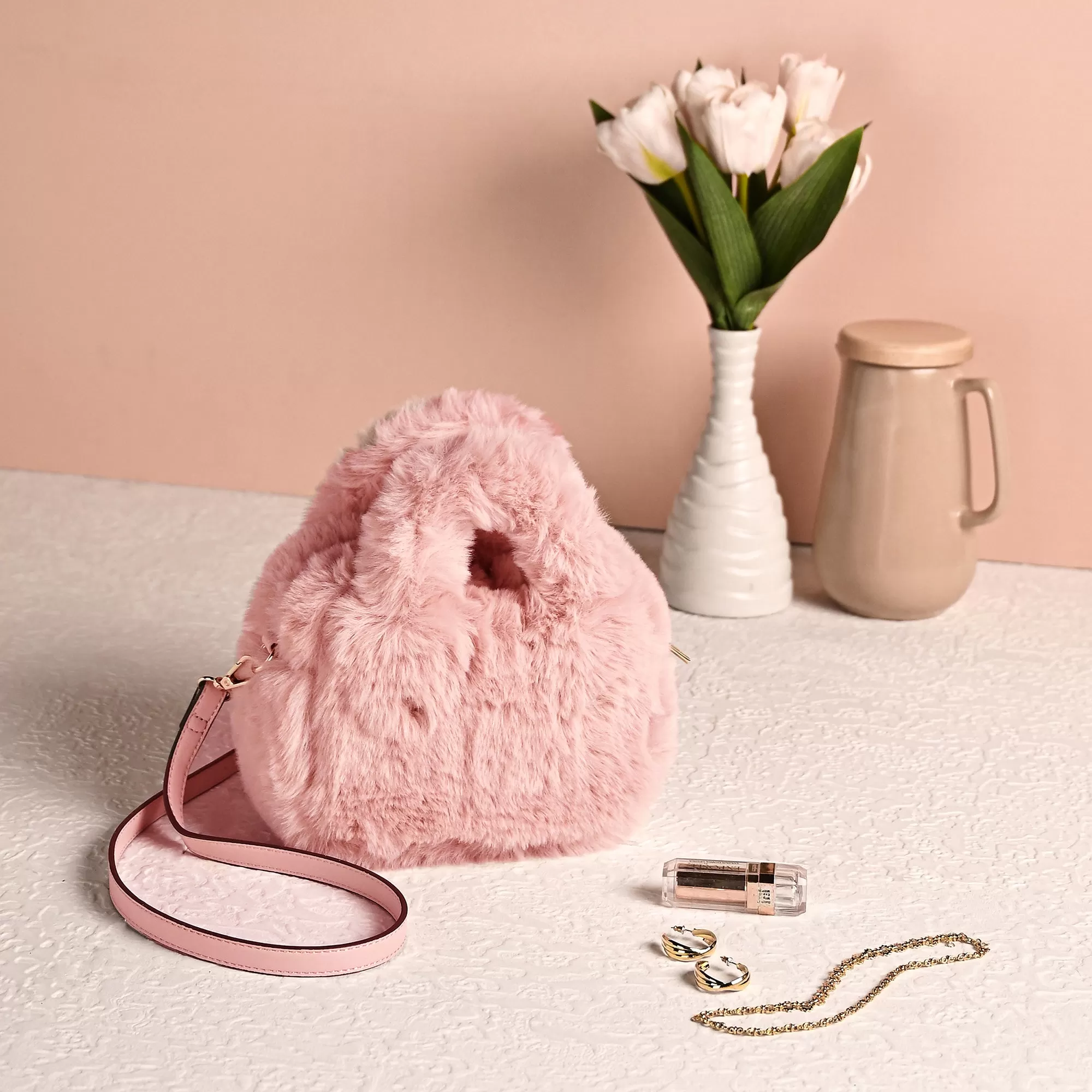 Accessorize London Women's  Pink Faux Fur Handheld Crossbody