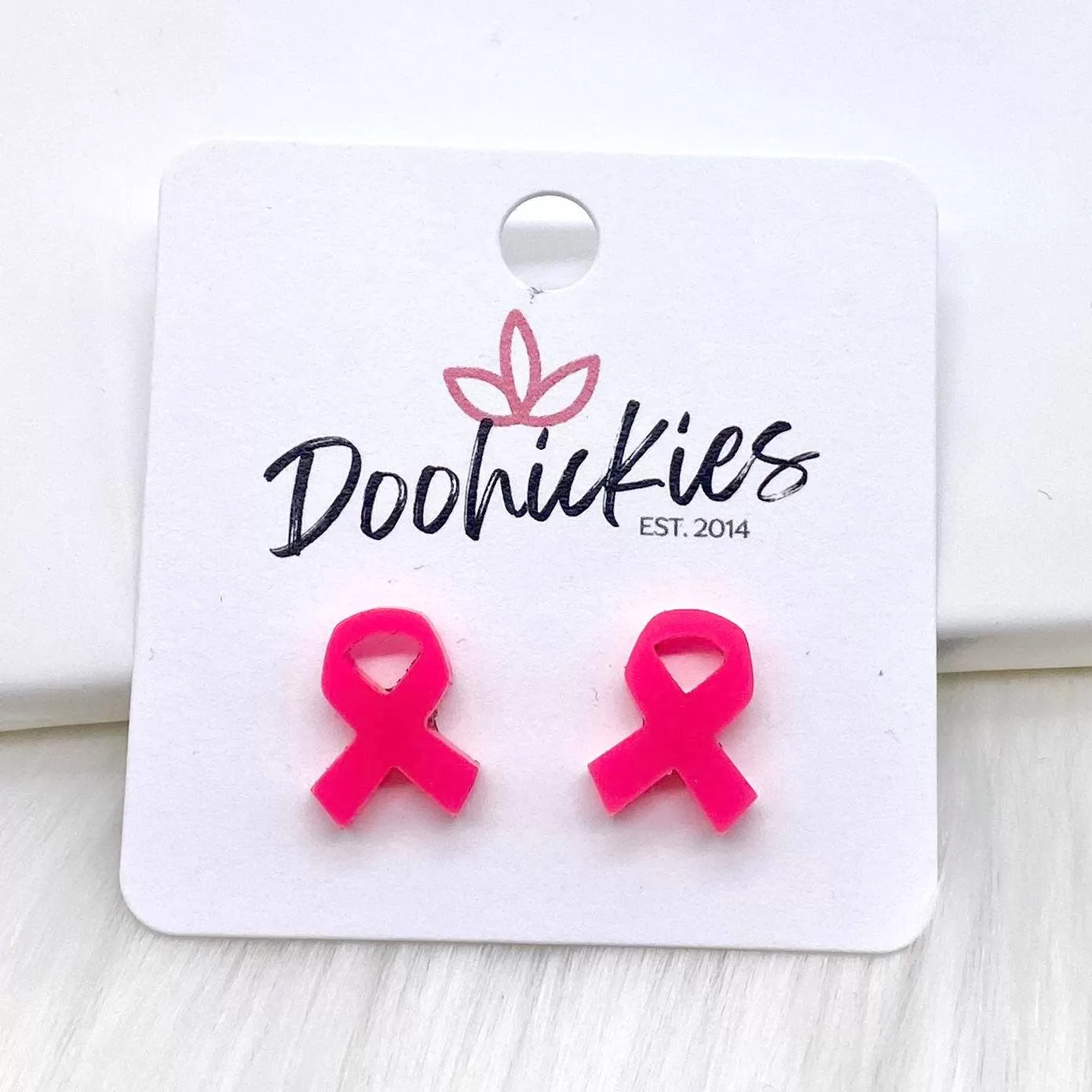 Acrylic Breast Cancer Awareness Ribbon Earrings in Hot Pink