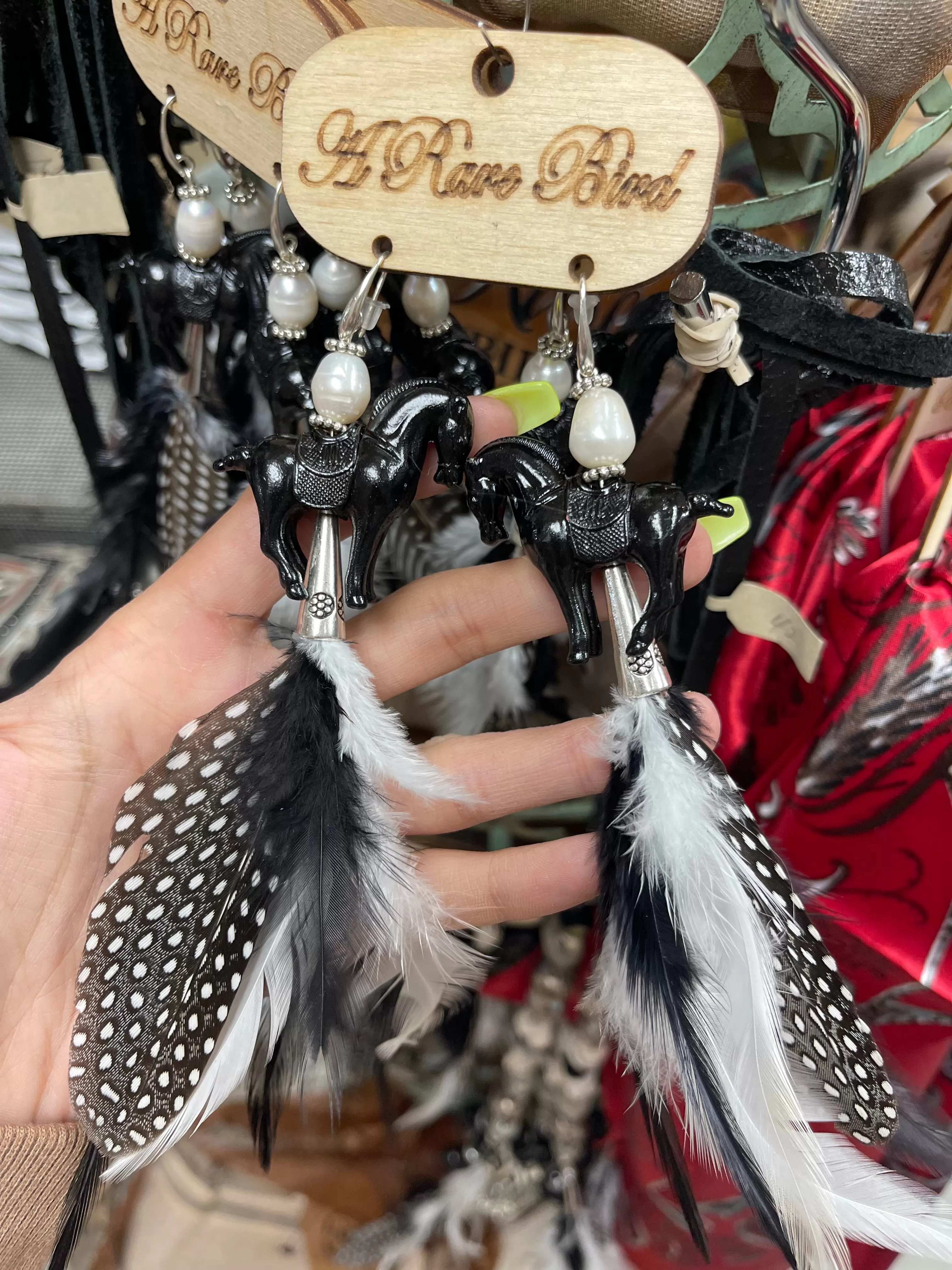 American Spirit A Rare Bird Horse Feather Earrings