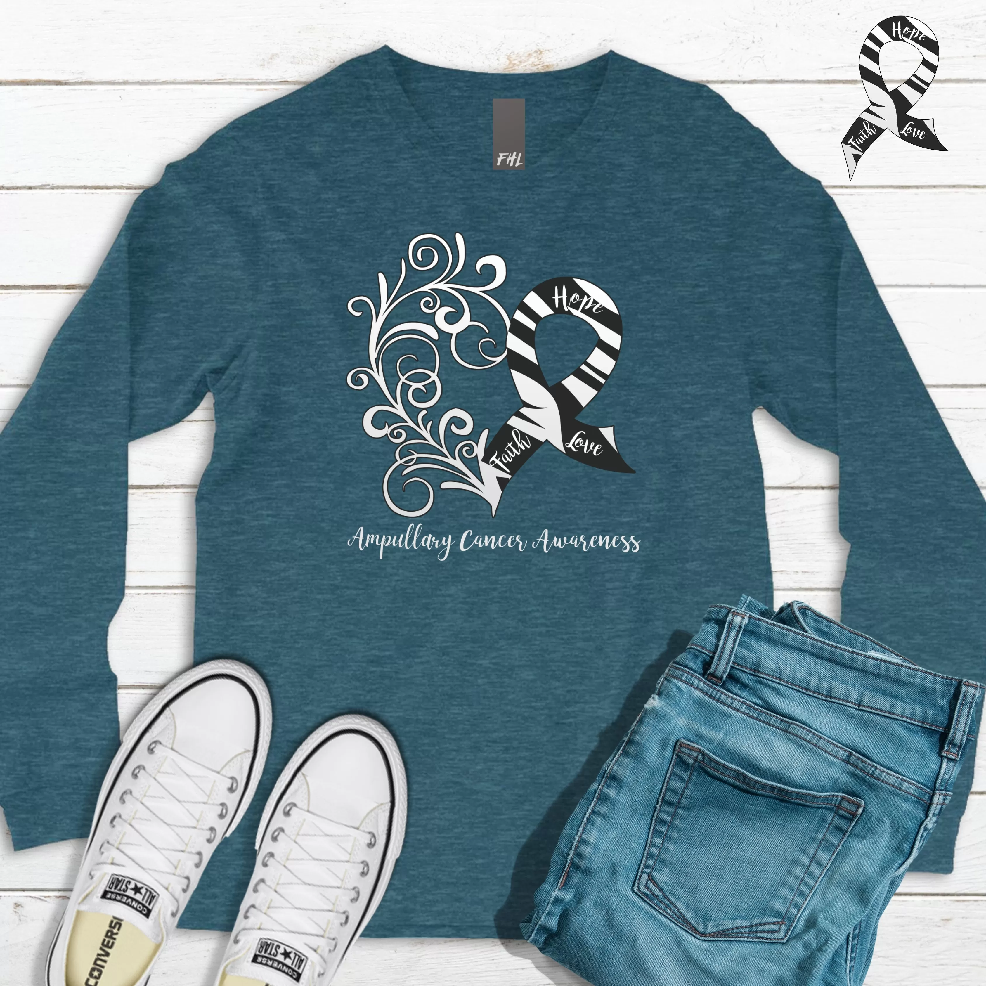 Ampullary Cancer Awareness Heart Long Sleeve Tee (Several Colors Available)