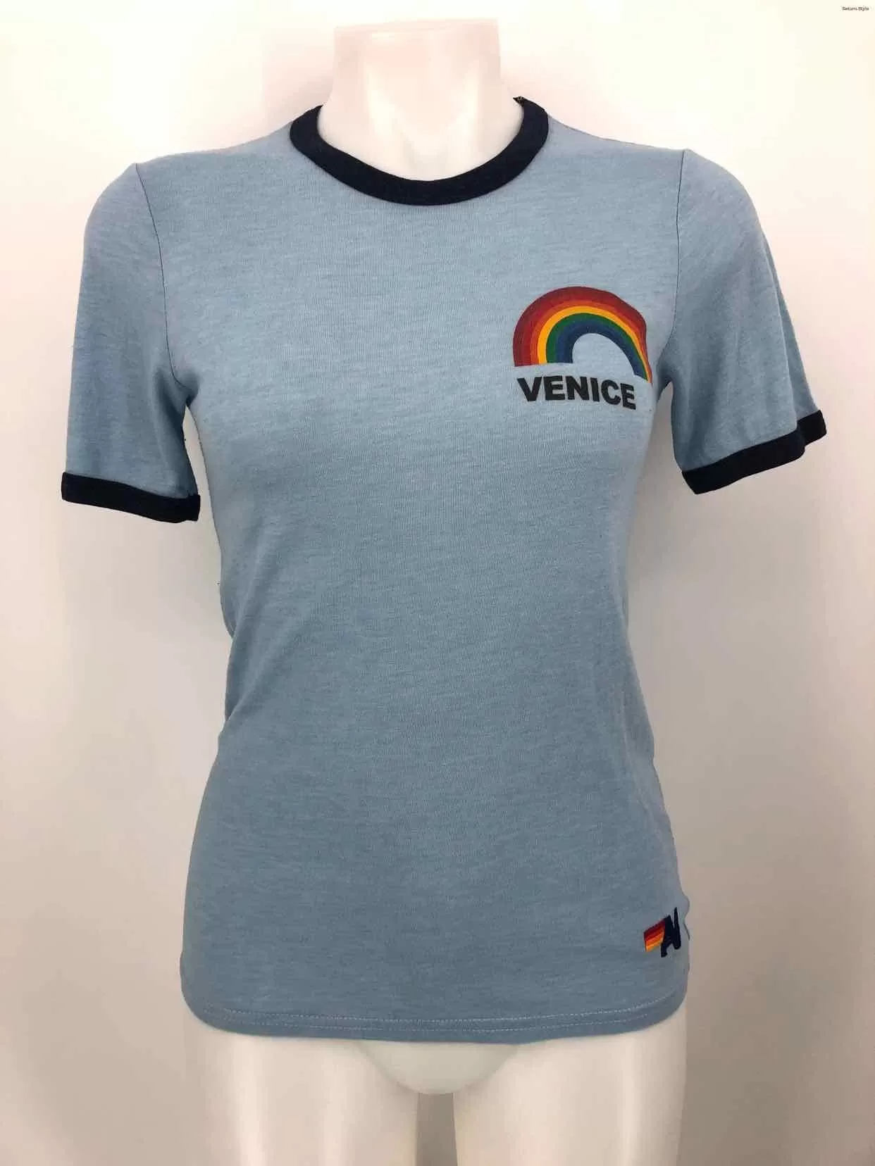 AVIATOR NATION Lt Blue Rainbow Trim Short Sleeves Size X-SMALL Top