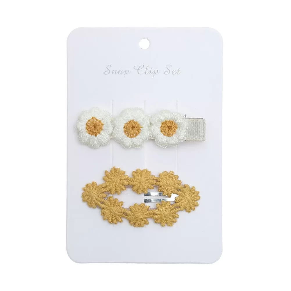 Baby Girl Floral Embroidered Snap Hair Clip Set in Mustard