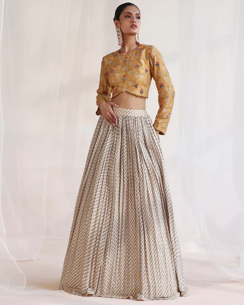 Beige & Mustard Embroidered Lehenga Set