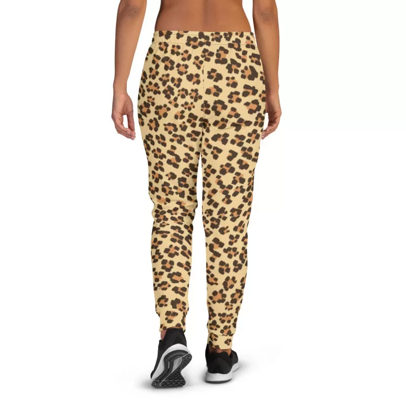 Beige Leopard Women's Joggers, Animal Print Slim Fit Soft Ladies Sweatpants-Made in EU