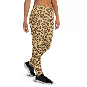 Beige Leopard Women's Joggers, Animal Print Slim Fit Soft Ladies Sweatpants-Made in EU