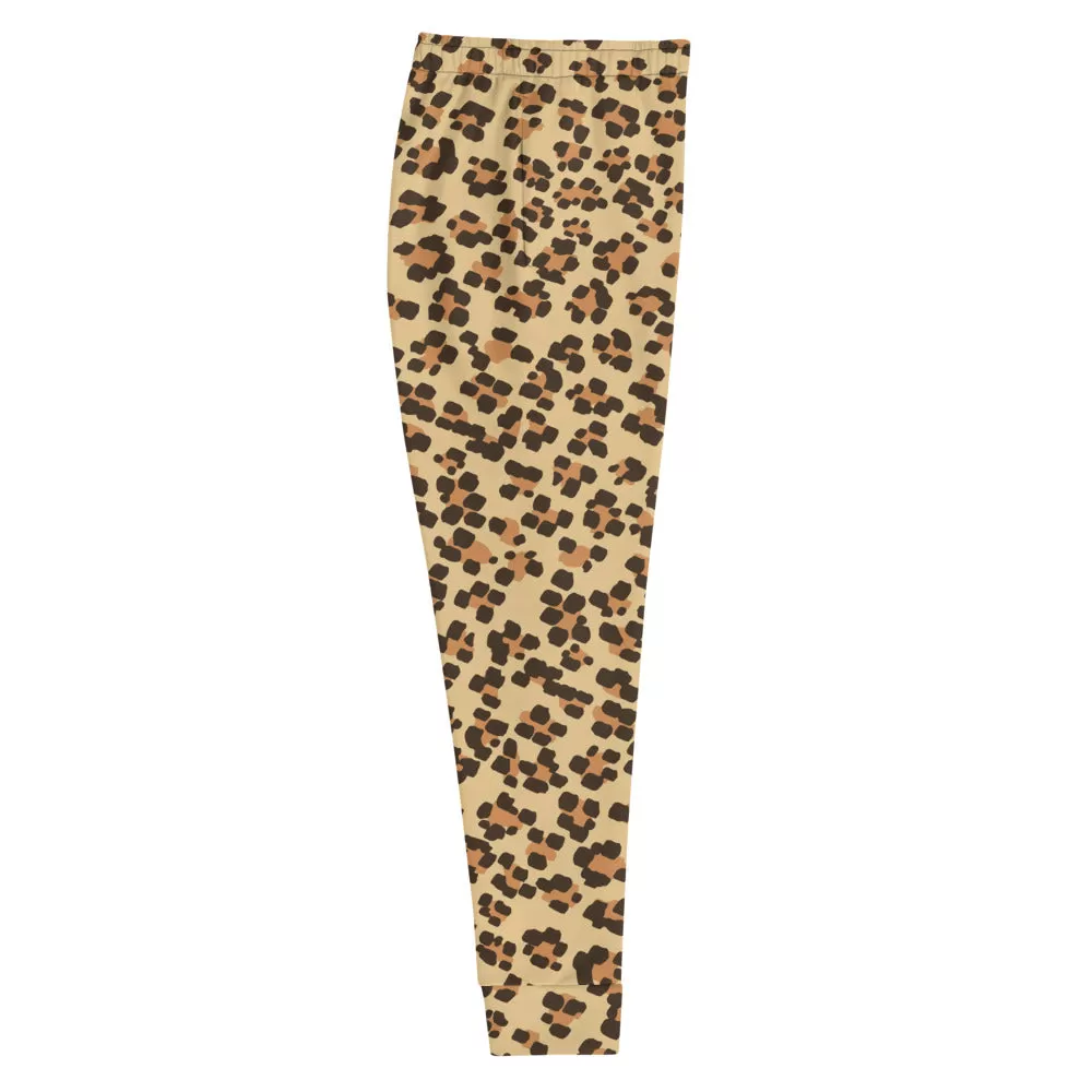 Beige Leopard Women's Joggers, Animal Print Slim Fit Soft Ladies Sweatpants-Made in EU