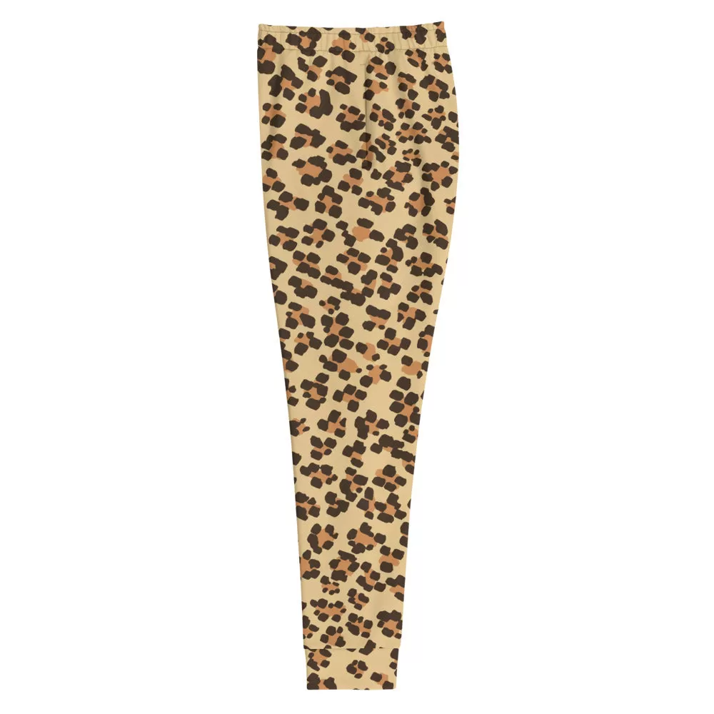 Beige Leopard Women's Joggers, Animal Print Slim Fit Soft Ladies Sweatpants-Made in EU