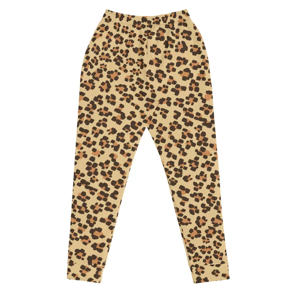 Beige Leopard Women's Joggers, Animal Print Slim Fit Soft Ladies Sweatpants-Made in EU