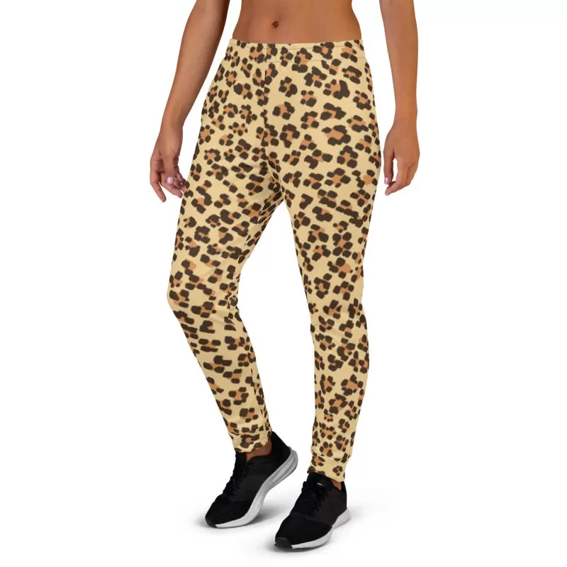 Beige Leopard Women's Joggers, Animal Print Slim Fit Soft Ladies Sweatpants-Made in EU