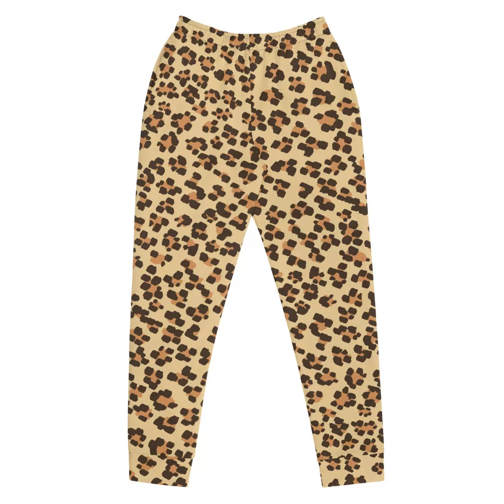 Beige Leopard Women's Joggers, Animal Print Slim Fit Soft Ladies Sweatpants-Made in EU