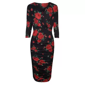 Black And Red Rose Print 3/4 Sleeve Wrap Over Midi Dress