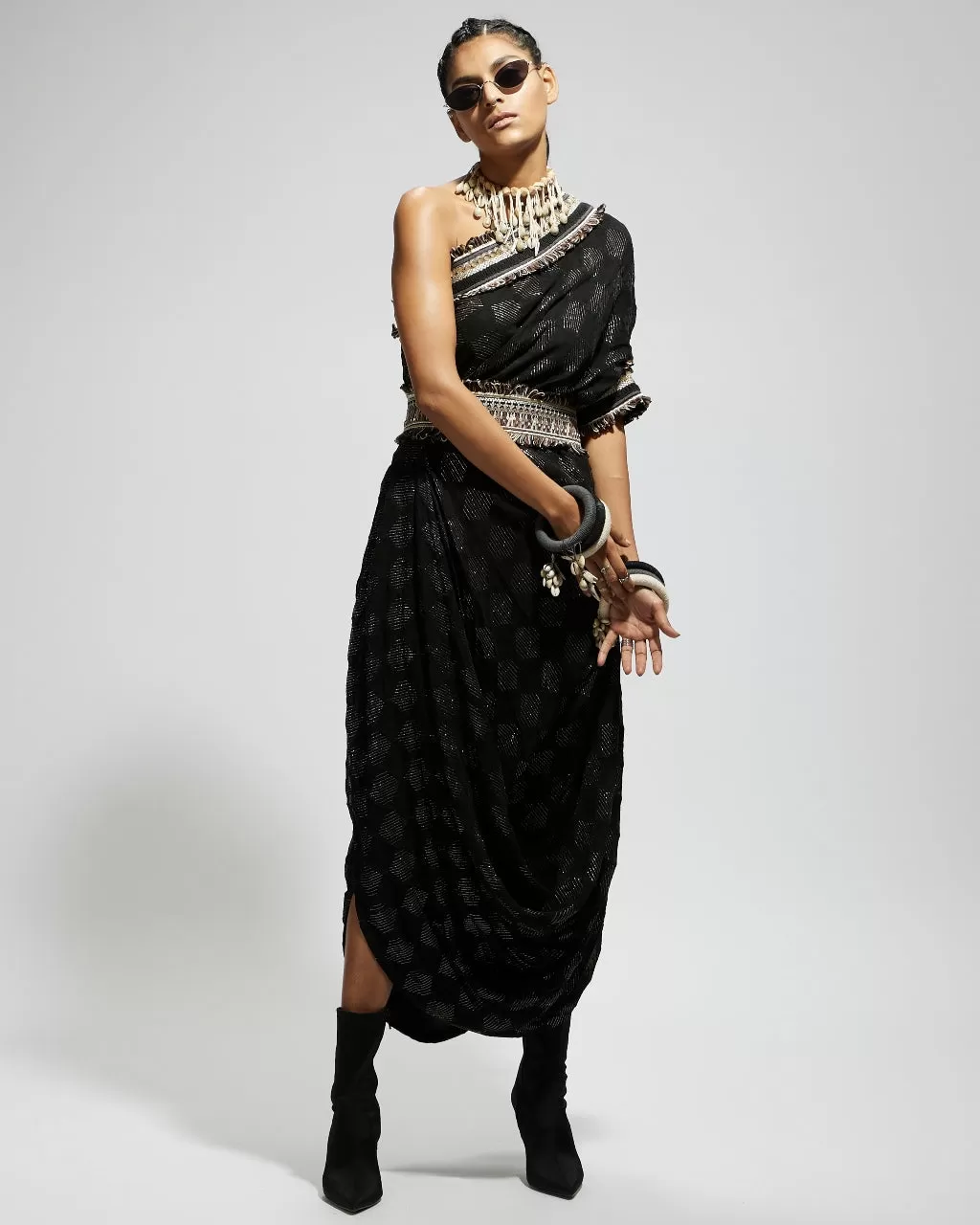 Black Aztec One Shoulder Cowl Dress