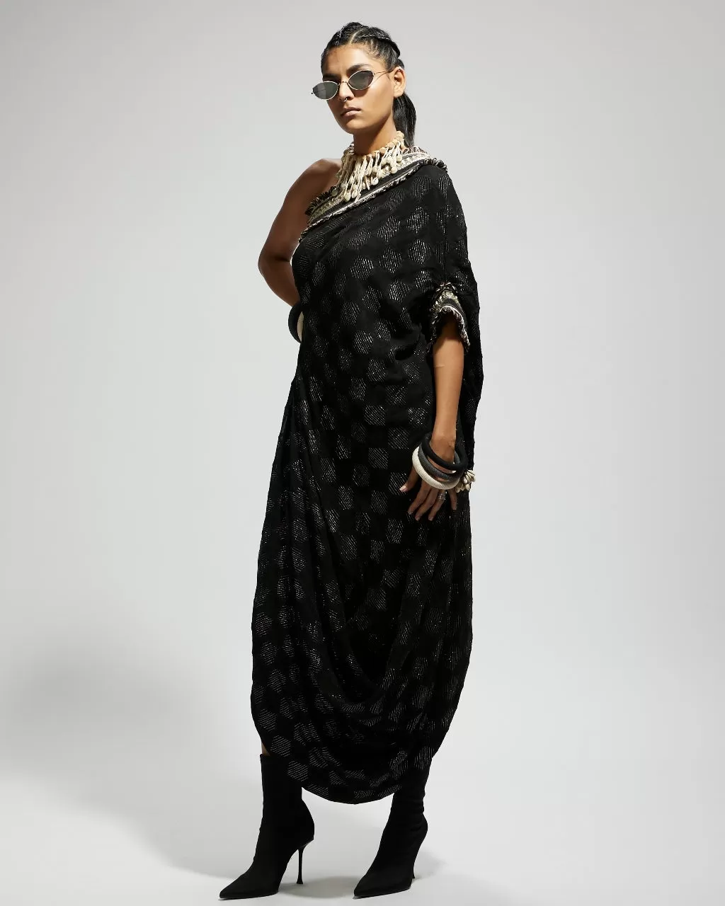 Black Aztec One Shoulder Cowl Dress