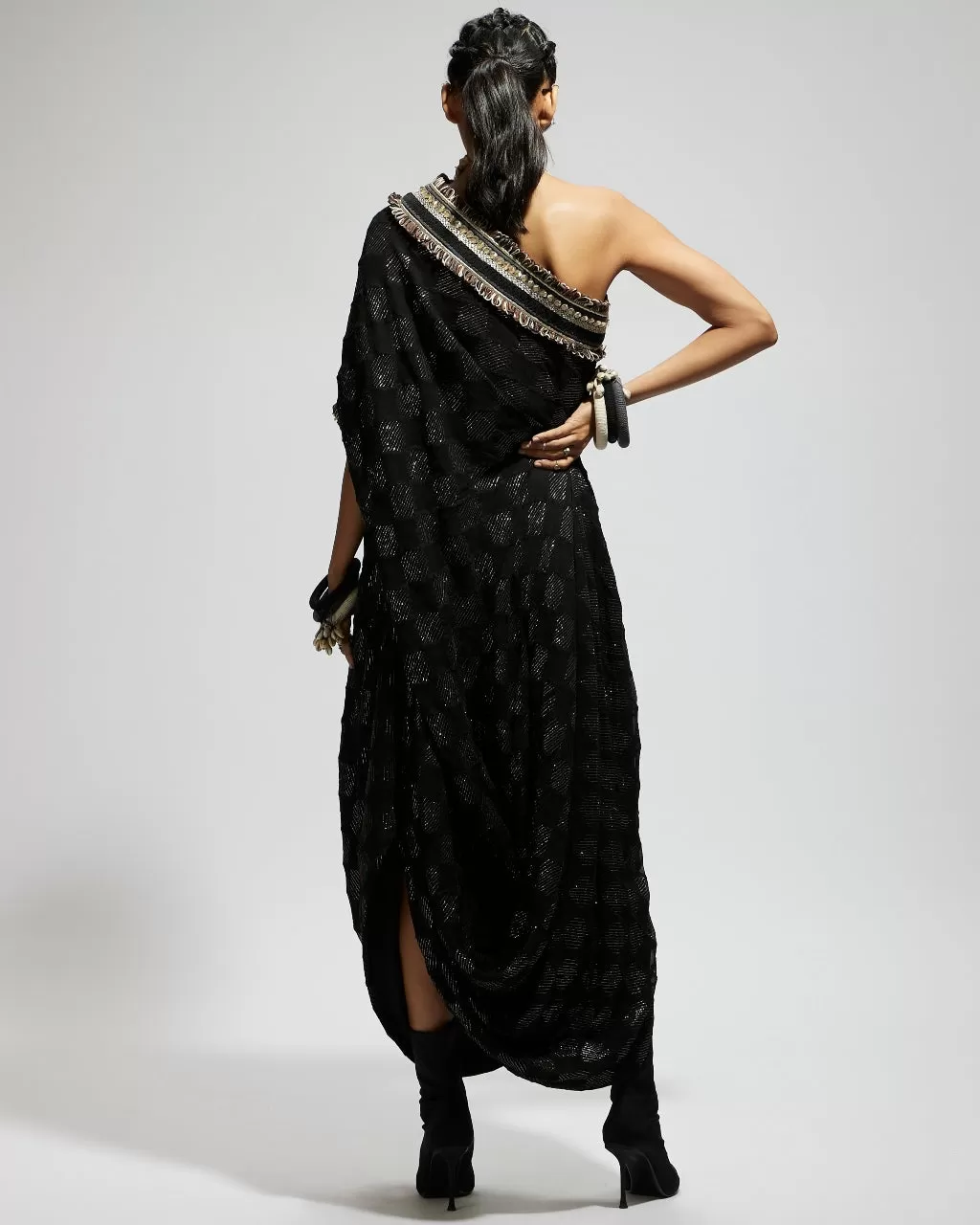 Black Aztec One Shoulder Cowl Dress