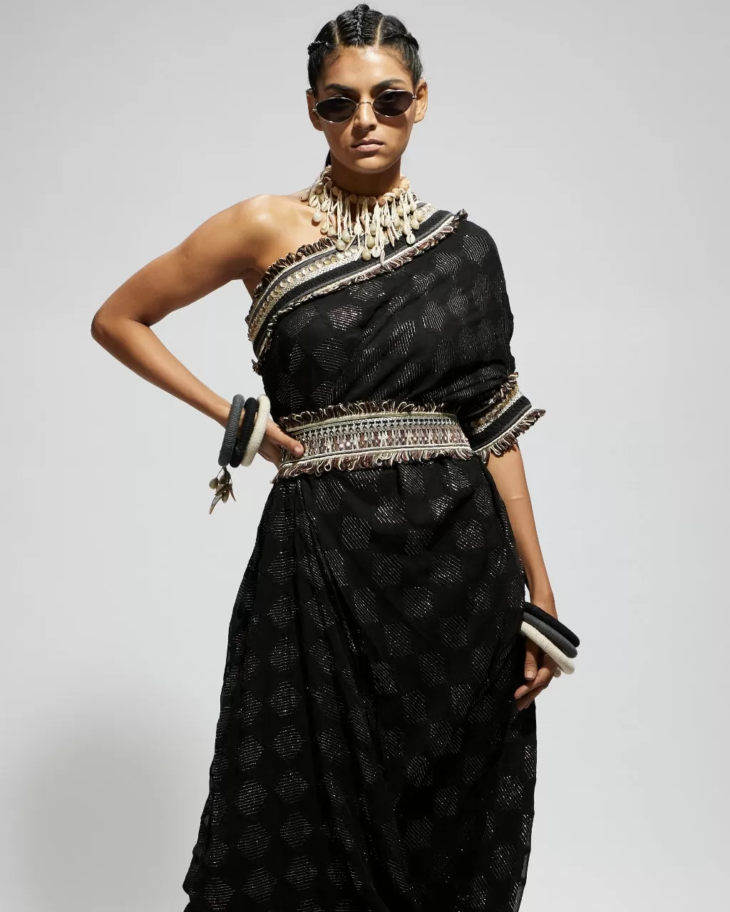 Black Aztec One Shoulder Cowl Dress