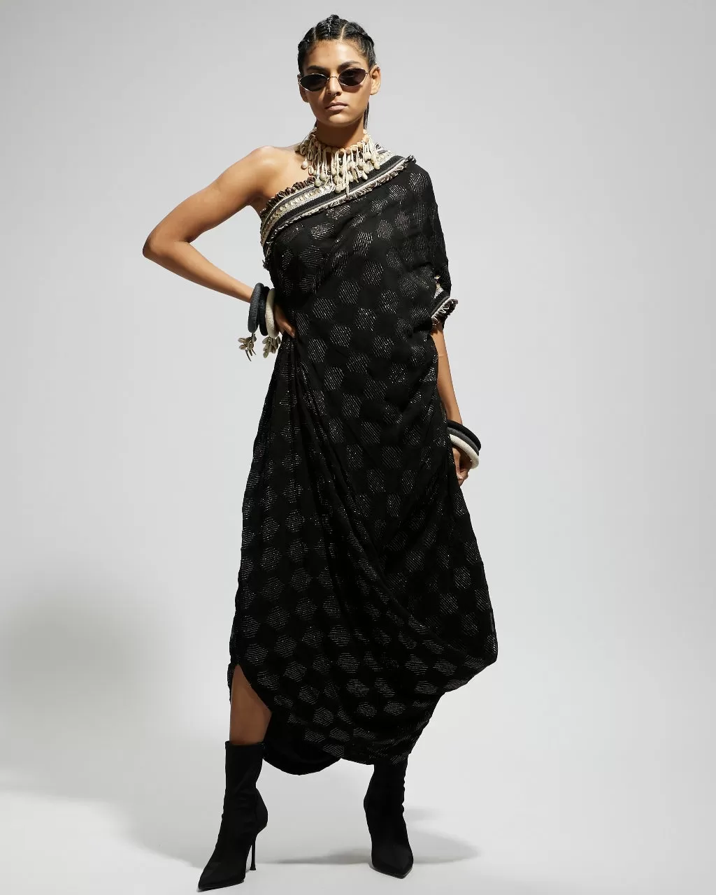 Black Aztec One Shoulder Cowl Dress