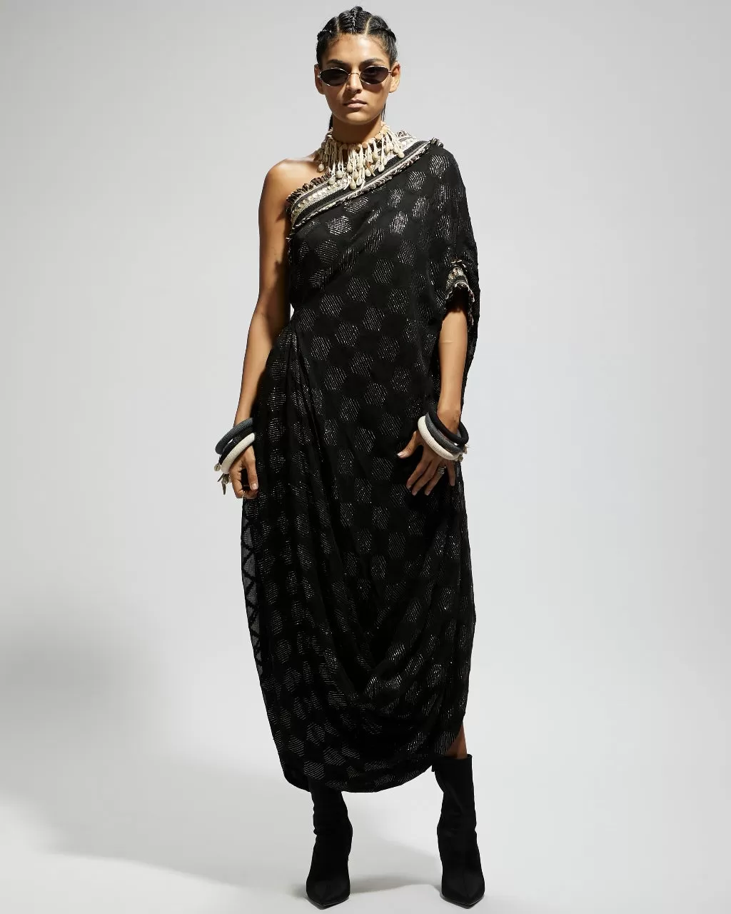 Black Aztec One Shoulder Cowl Dress