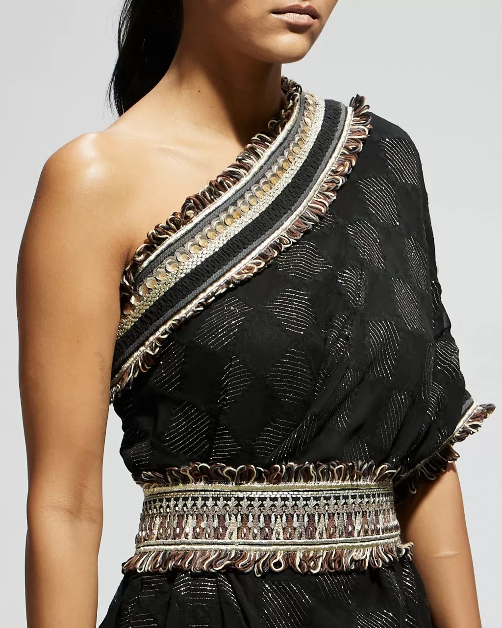 Black Aztec One Shoulder Cowl Dress