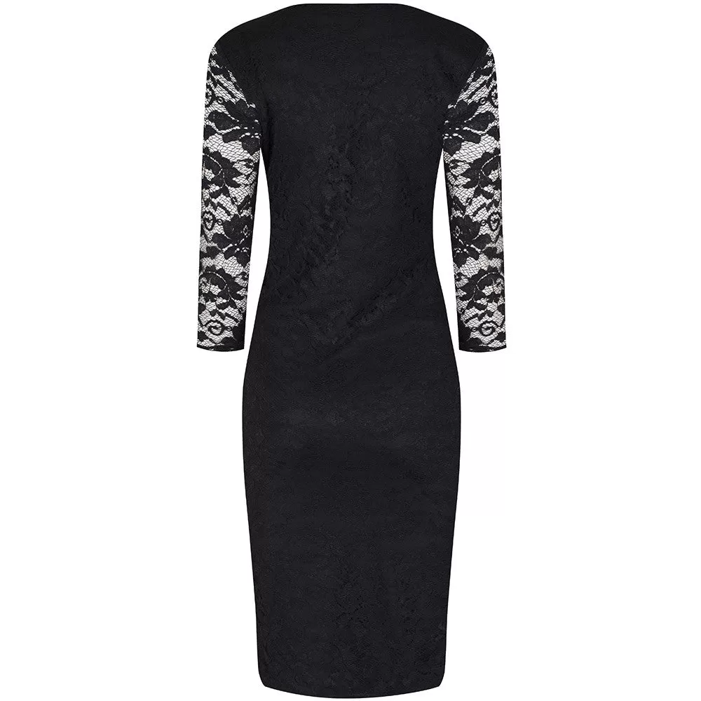 Black Lace 3/4 Sleeve Vintage Bodycon Wiggle Dress