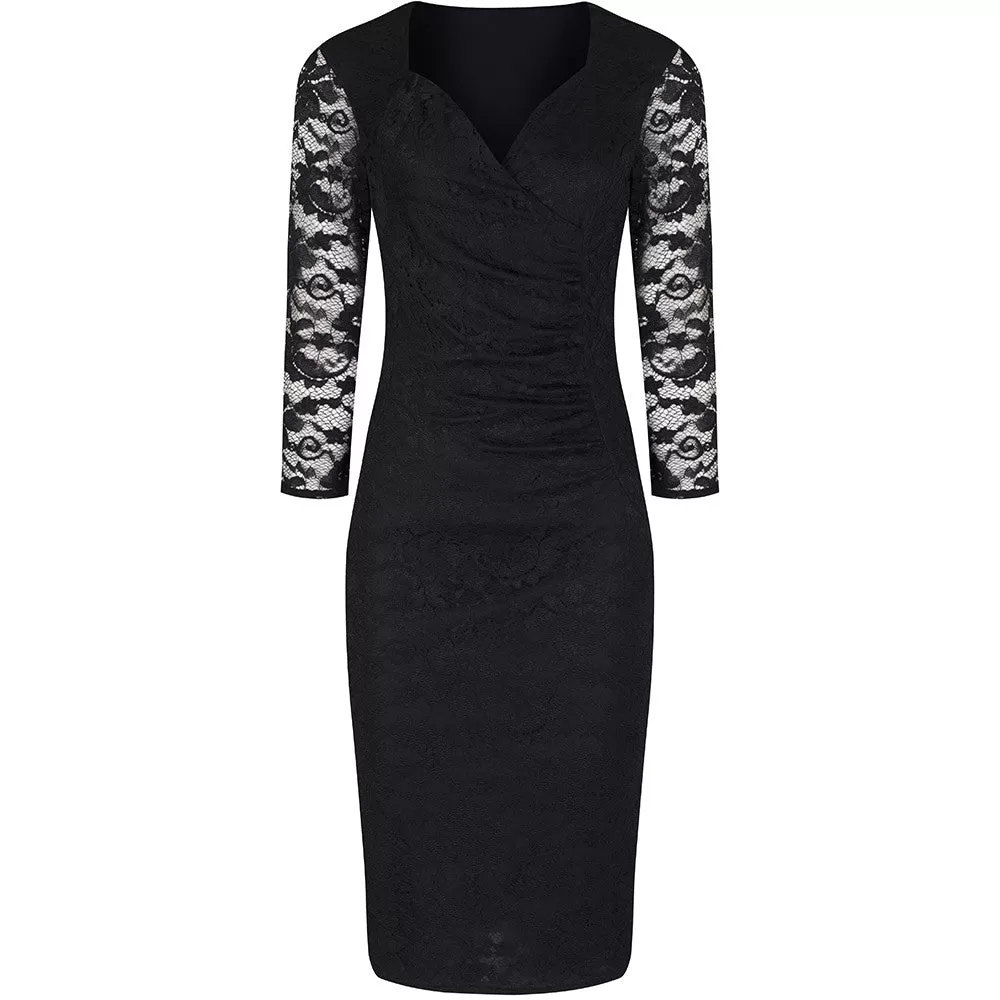 Black Lace 3/4 Sleeve Vintage Bodycon Wiggle Dress