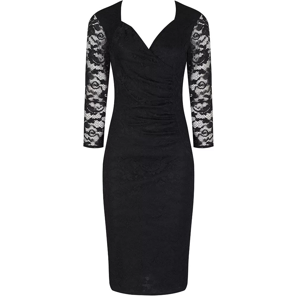 Black Lace 3/4 Sleeve Vintage Bodycon Wiggle Dress