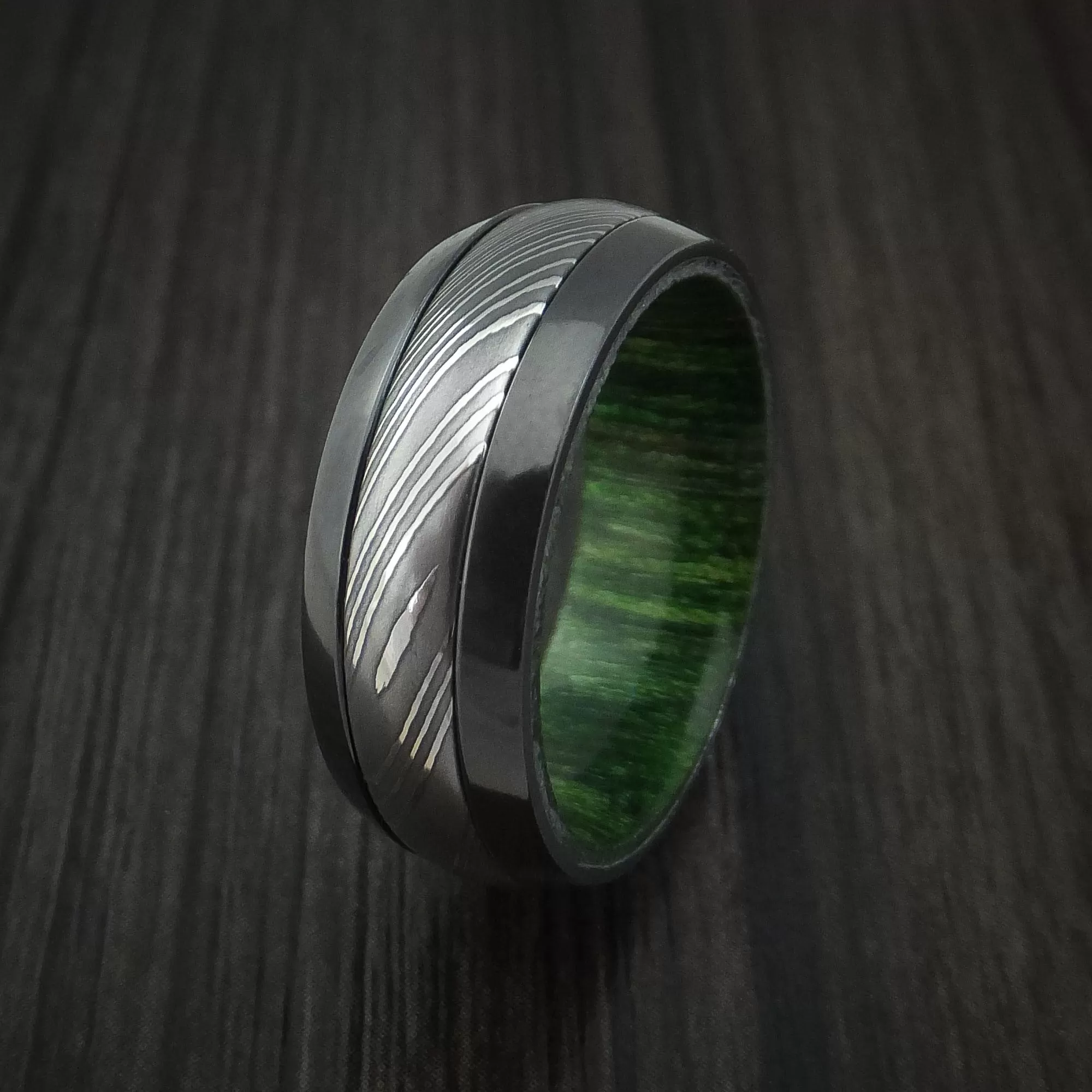 Black Zirconium and Damascus Steel Men's Ring with Jade Wood Hardwood Interior Sleeve Custom Made