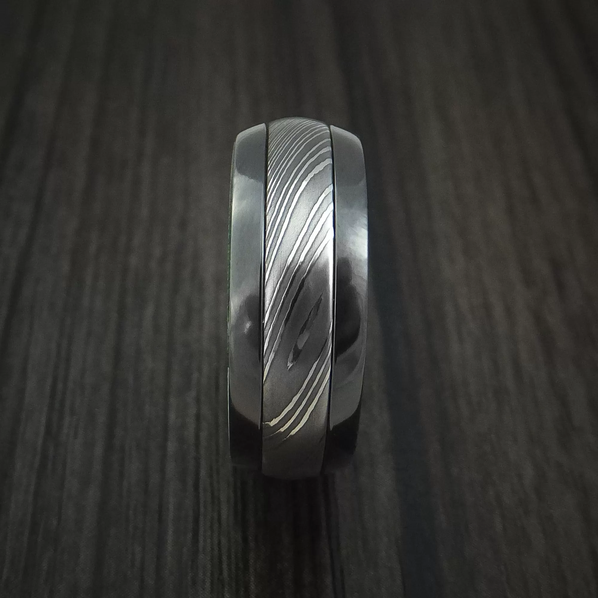 Black Zirconium and Damascus Steel Men's Ring with Jade Wood Hardwood Interior Sleeve Custom Made