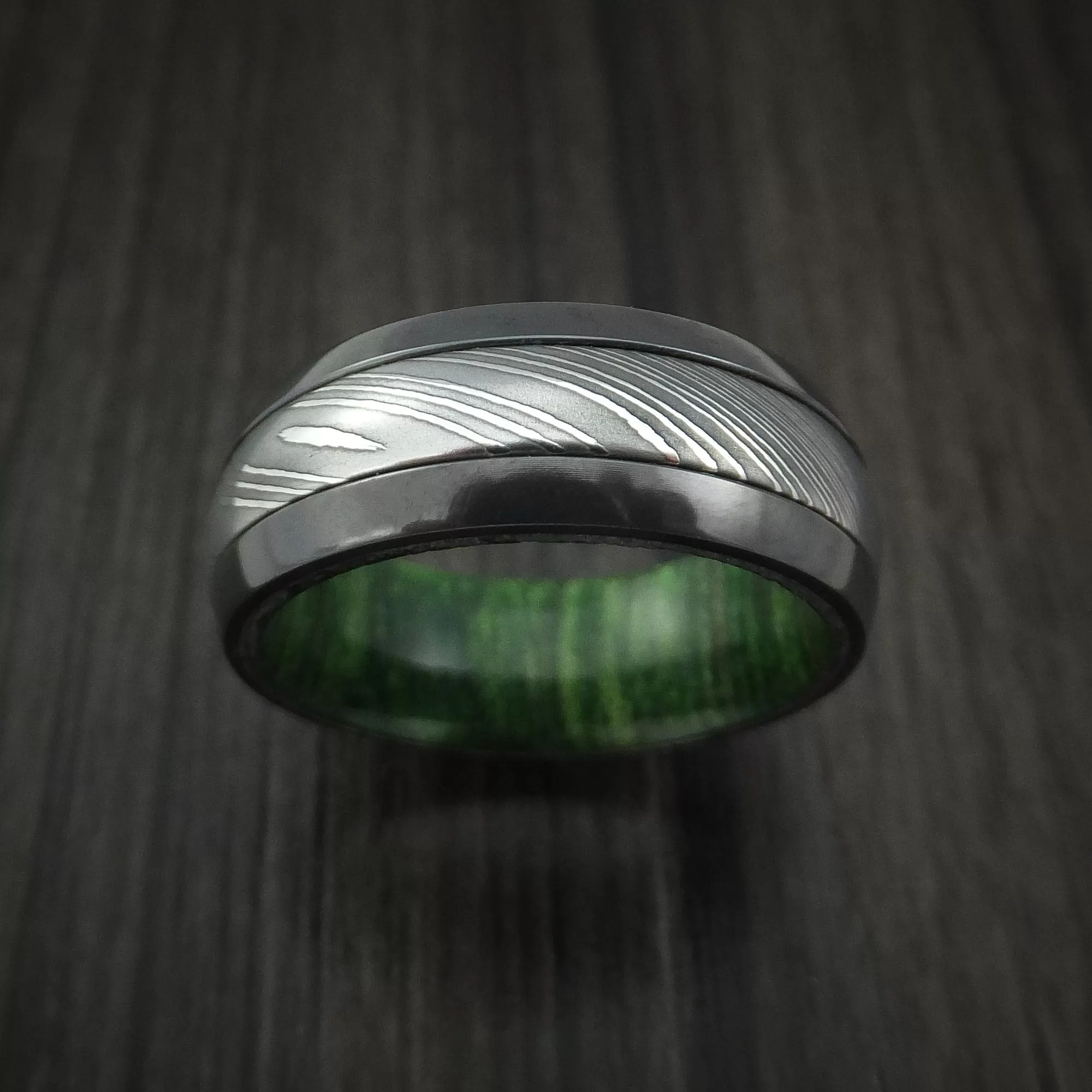 Black Zirconium and Damascus Steel Men's Ring with Jade Wood Hardwood Interior Sleeve Custom Made