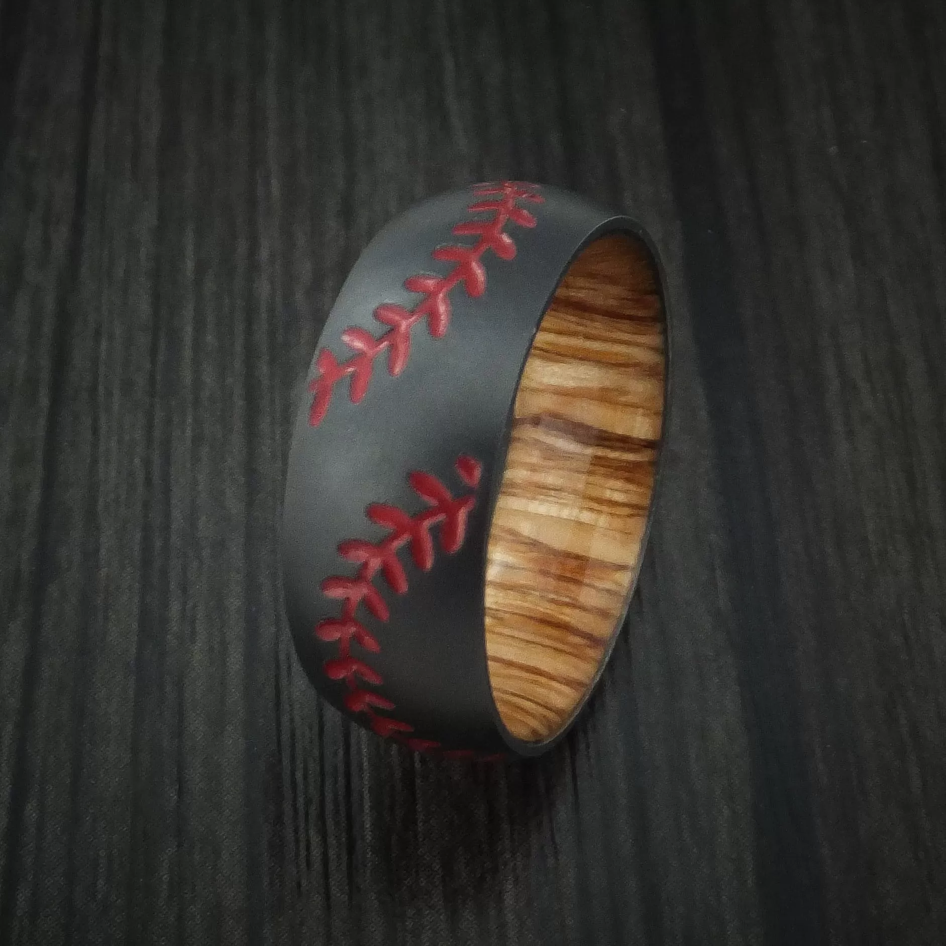 Black Zirconium Double Stitch Baseball Men's Ring with Custom Color and Hardwood Sleeve