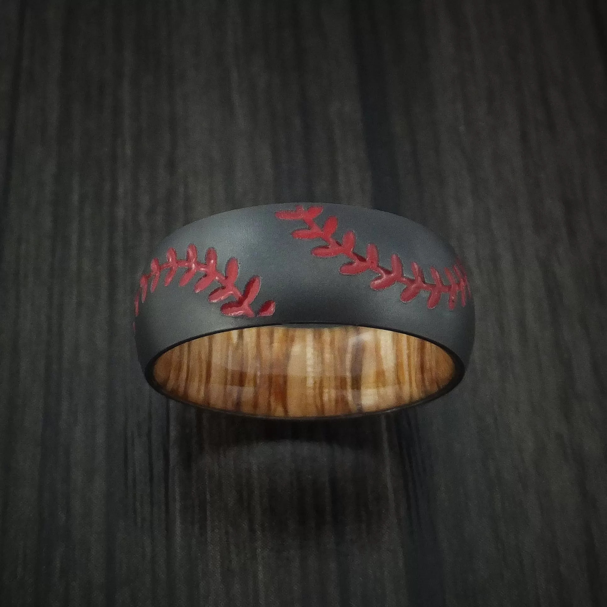 Black Zirconium Double Stitch Baseball Men's Ring with Custom Color and Hardwood Sleeve