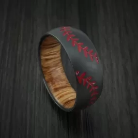 Black Zirconium Double Stitch Baseball Men's Ring with Custom Color and Hardwood Sleeve