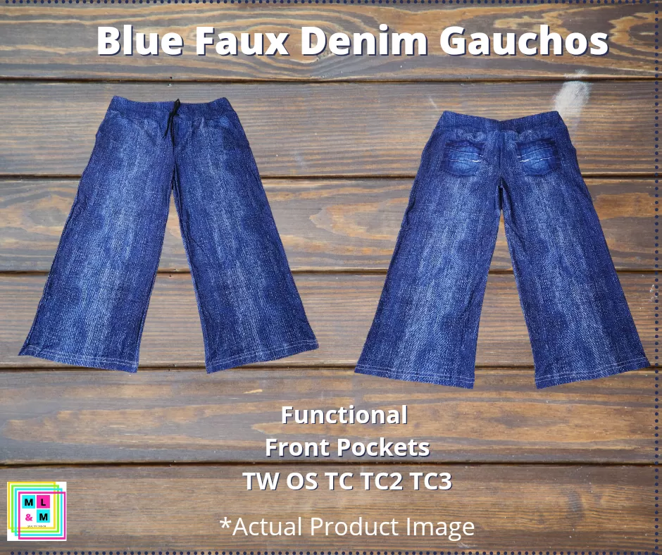 Blue Faux Denim Capri Gauchos