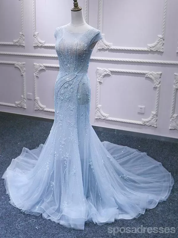 Blue Mermaid Cap Sleeves Beading Long Lace Applique Party Prom Dresses Online,12559