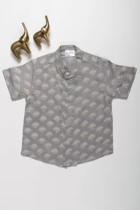 Boys Gray Cotton Shirt with Intricate Tree Print – Casual and Festive Wear