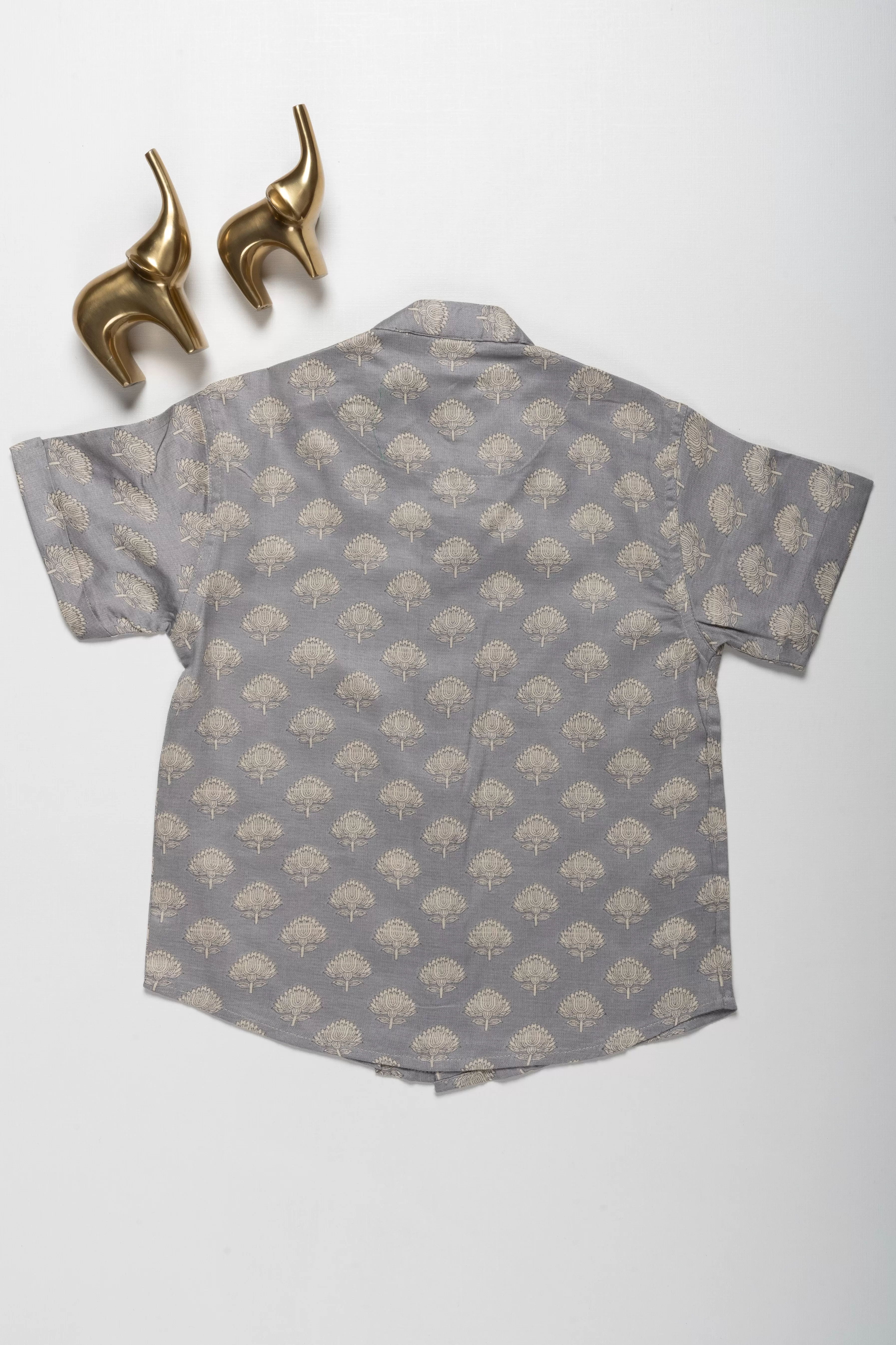 Boys Gray Cotton Shirt with Intricate Tree Print – Casual and Festive Wear