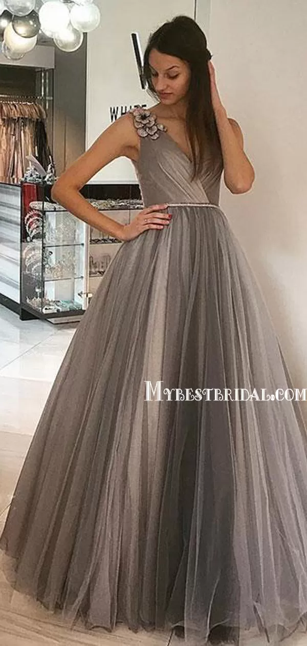 Charming V-Neck A-line Tulle Long Prom Dresses, BG0001