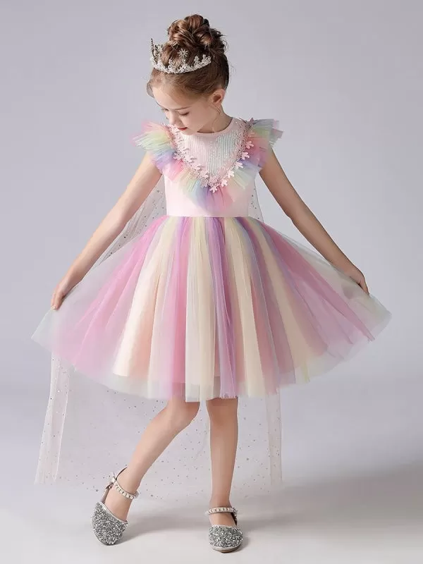 Colorful Flower Girl Dresses Short Sleeves Kids Social Party Dresses Princess Dress