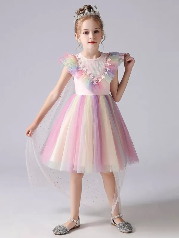 Colorful Flower Girl Dresses Short Sleeves Kids Social Party Dresses Princess Dress