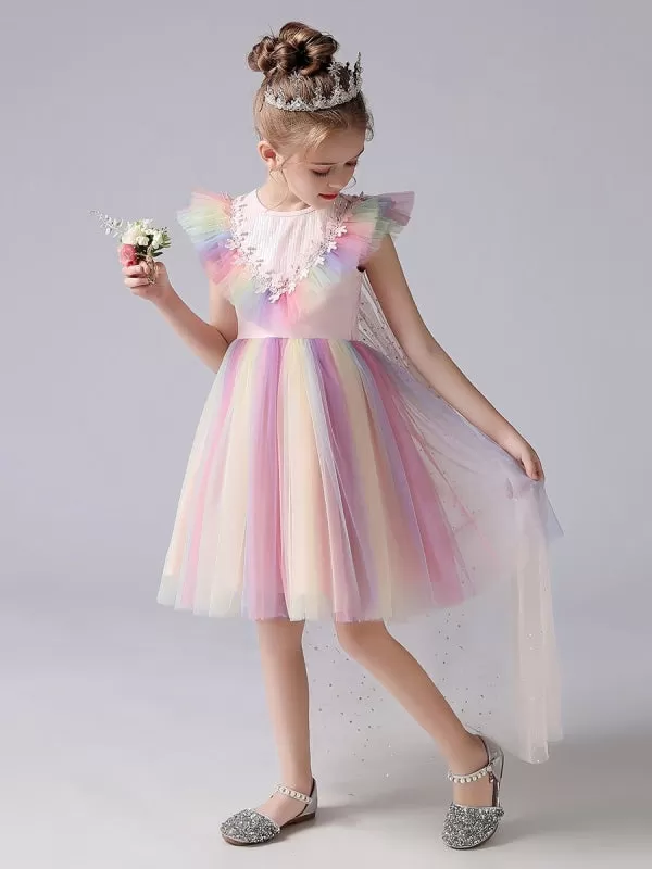 Colorful Flower Girl Dresses Short Sleeves Kids Social Party Dresses Princess Dress