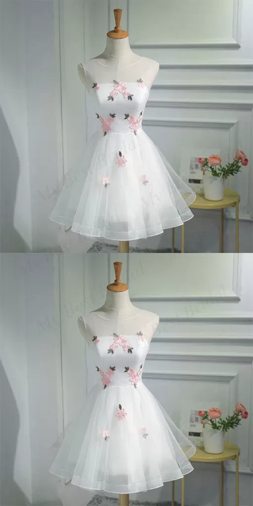 Cute A-line Organza White Sleeveless Lace-up Short Homecoming Dress ,BDY0162