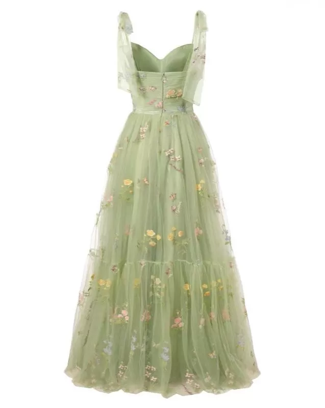 Cute Floral Green A-line Maxi Long Party Prom Dresses,Evening Dress,13520